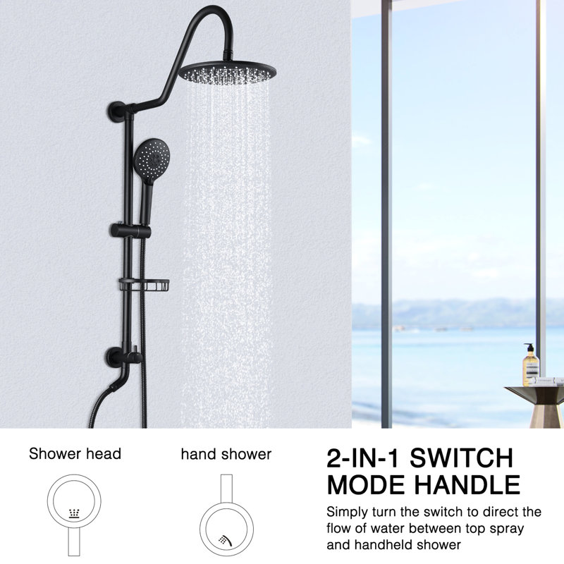 Pomme de douche à pluie 10 po et poche avec système coulissant noir mat