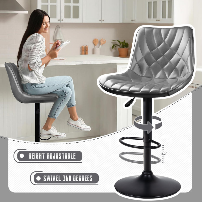 Halima Adjustable and Swivell Comfort Bar Stools with Back & Footrest set of 2, 2, Gray