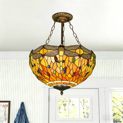 Dragonfly Pattern Tiffany Style Stained Glass Bowl Pendant Light With 3-light E26 Warm Illumination