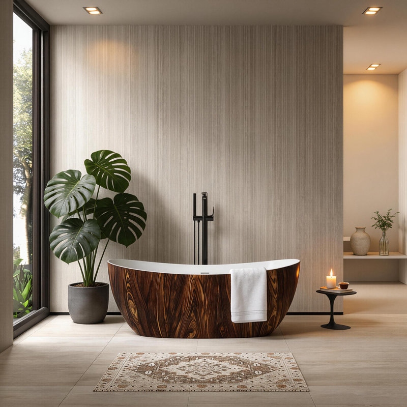Baignoire de trempage autoportante à surface solide de 67 po avec texture bois et design ergonomique
