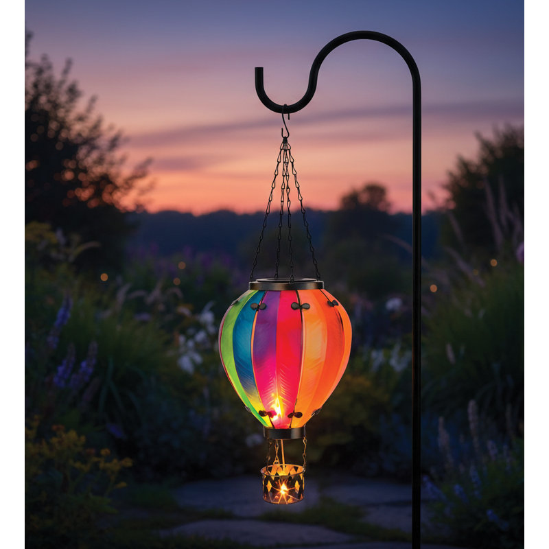  23.5" Hanging Solar Hot Air Balloon Lantern with Glass Panels and Metal Frame, Rainbow