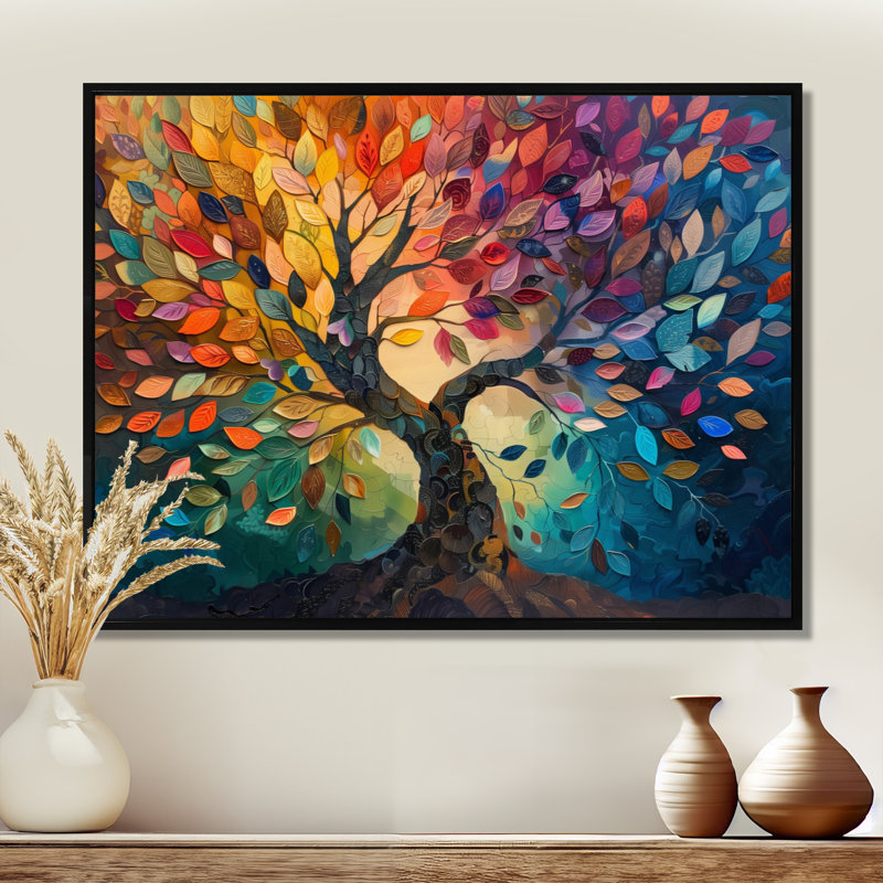 Arbre coloré de la vie II, art mural, Cadre flottant noir, H 30 po x l 40 po x P 1,5 po