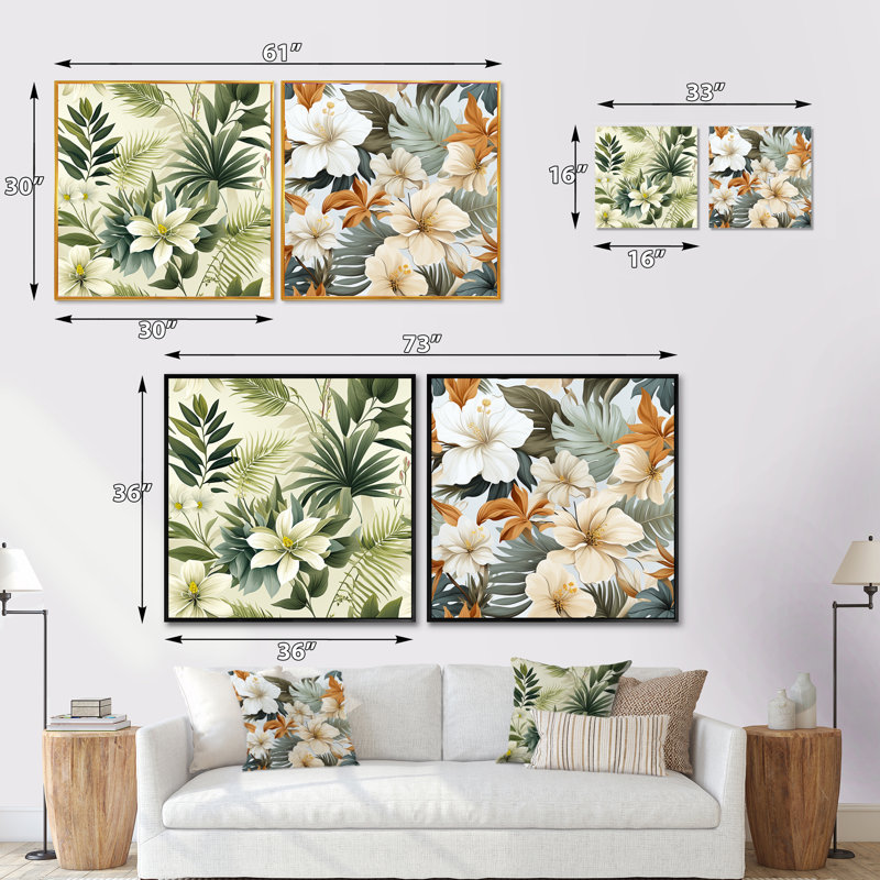 Serene Jungle III - Ensemble de 2 collages carrés floraux et botaniques, Cadre flottant noir, H 36 po x l 73 po