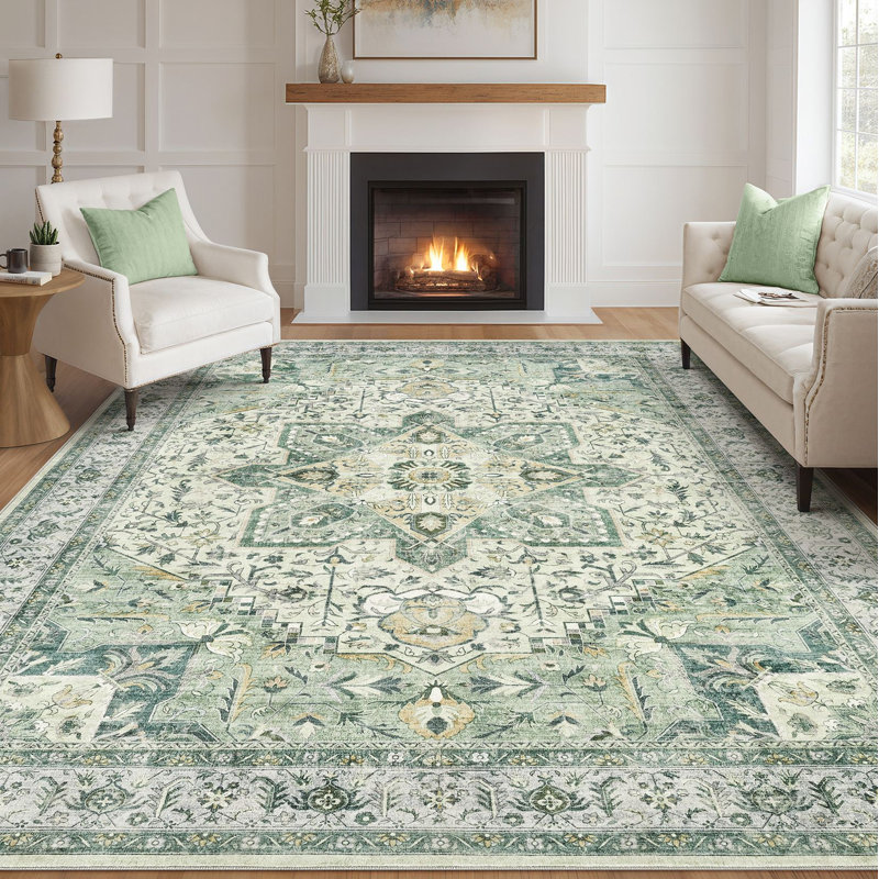 Adona Soft Washable Stain Resistant Vintage Floral Area Rug, Rectangle 10' x 14', Green
