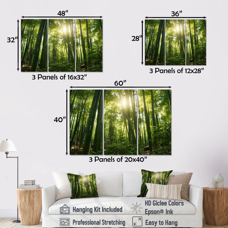 «Dynamic Light Bamboo Grove II», ensemble de reproductions d'art mural en bambou, Toile tendue, H 40 po x l 60 po x P 1 po