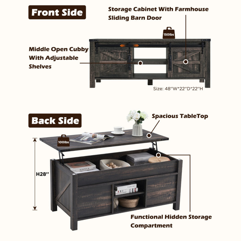 48"W Farmhouse Lift Top Storage Coffee Table with Sliding Barn Door & Adjustable Shelf, Dark Rustic Oak