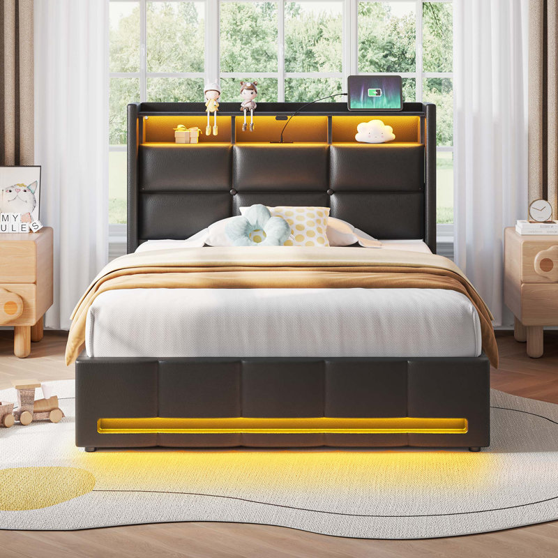 Base de lit rembourrée avec rangement à DEL avec lumières DEL et station de charge, lit plateforme, aucun sommier nécessaire
