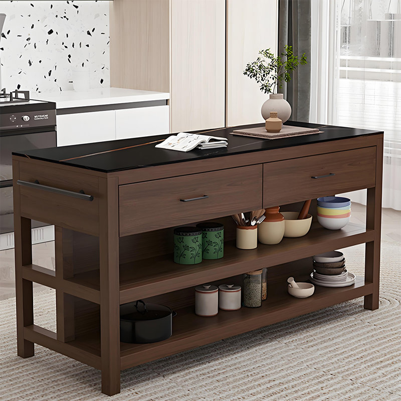 Îlot en pierre frittée noire 31,50 po avec surface en bois massif, H 33,46 po x l 31,5 po x P 23,62 po