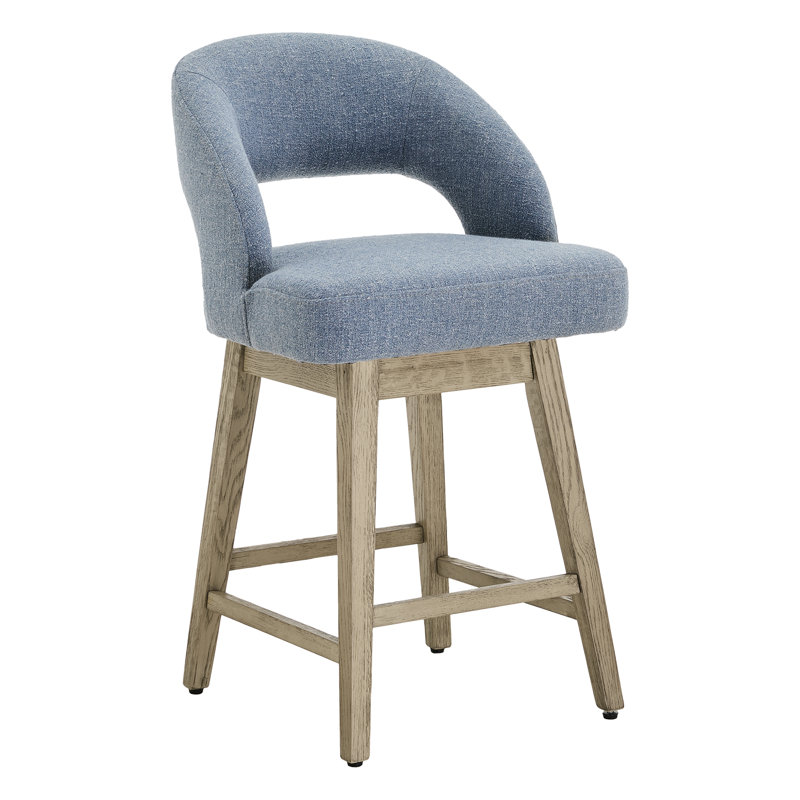 Neta 26'' Upholstered Swivel Counter Stool with Solid Wood Legs (Set of 2), Nathan Capri Blue Tweed