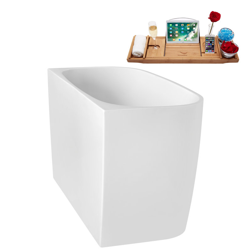 47" Streamline Soaking Acrylic Freestanding Bathtub, Bamboo Tray, Drain, Matte Black