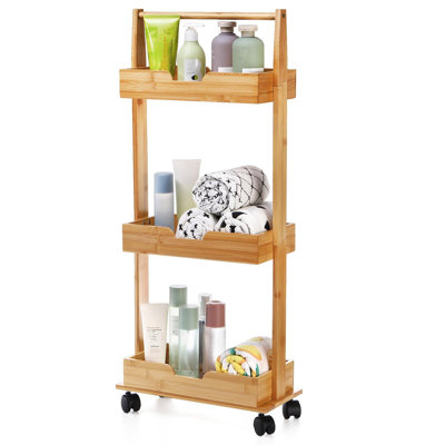 Support de chariot de douche à 3 pneus, coin organisateur de plancher de douche en bambou avec roues coulissantes, support de tablette de salle de bain pour baignoire, bureau, cuisine