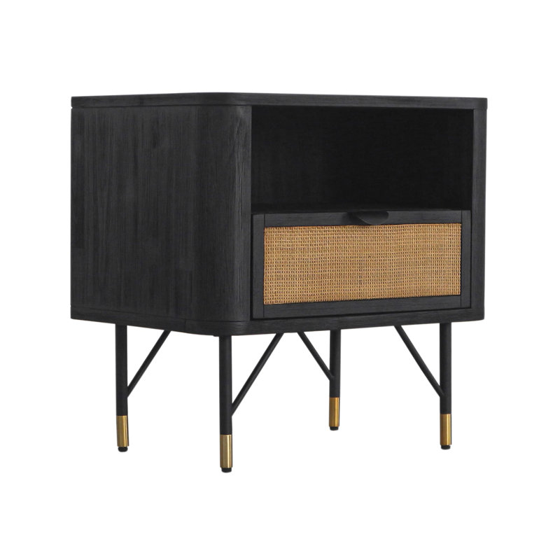 Table de chevet Saratoga en acacia noir avec rotin