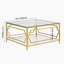 Table basse carrée en verre de 33,5 po, cadre géométrique luxueux, finition dorée et tablette inférieure