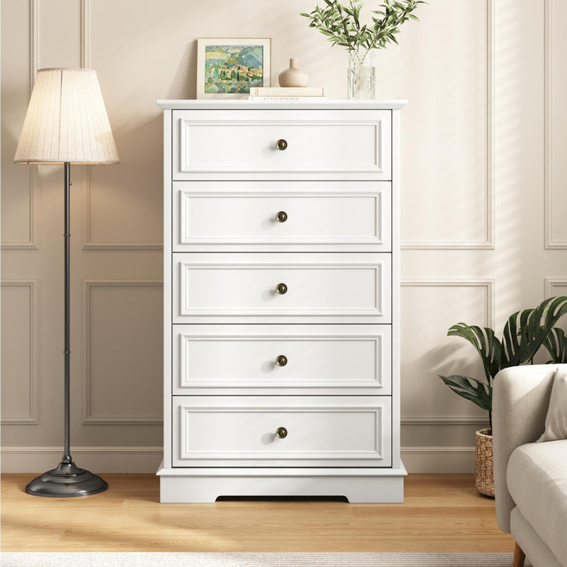 Commode 5 tiroirs avec poignées de couleur bronze Valera, Blanc