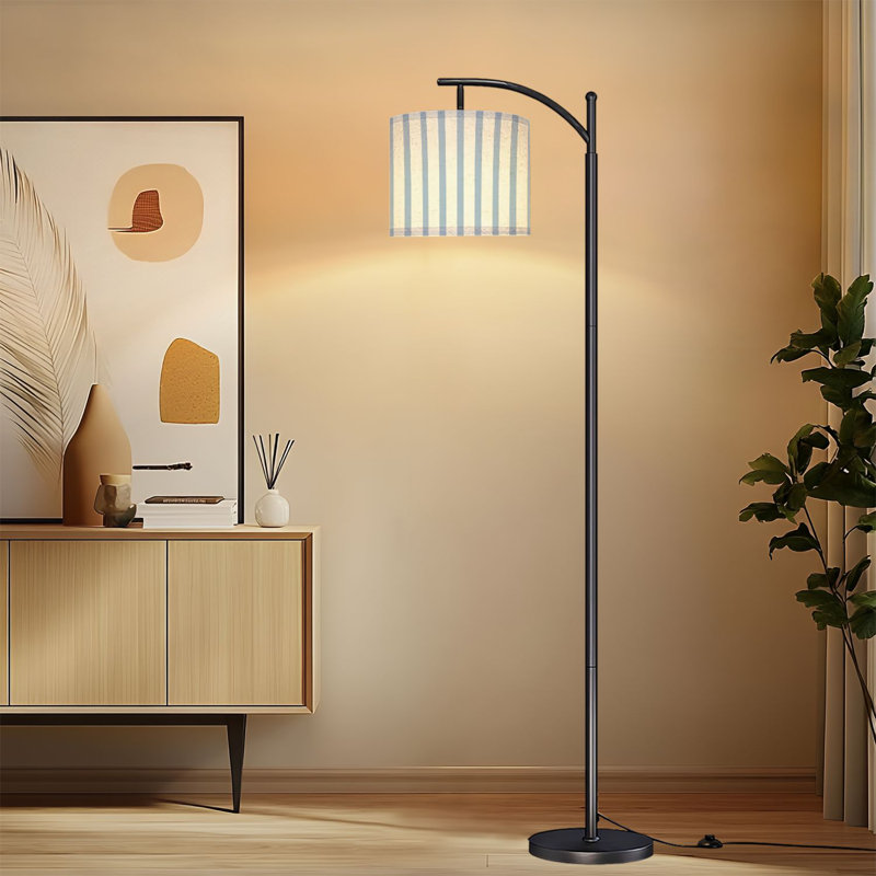 Lampe sur pied à arc avec abat-jour réglable à rayures verticales bleues et blanches avec 3 températures d'intensité et une lampe sur pied avec interrupteur au pied pour la chambre à coucher
