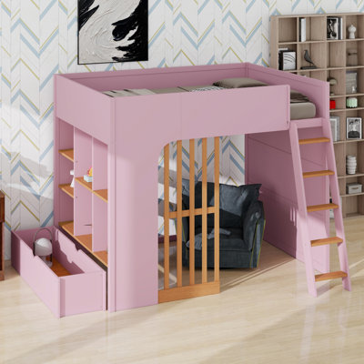Lit mezzanine minimaliste avec tablettes de rangement, base de lit et échelle