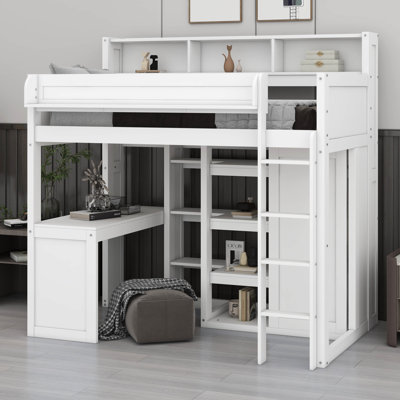 Twin Szie Wood Loft Bed With Under-Bed Desk And Wardrobe