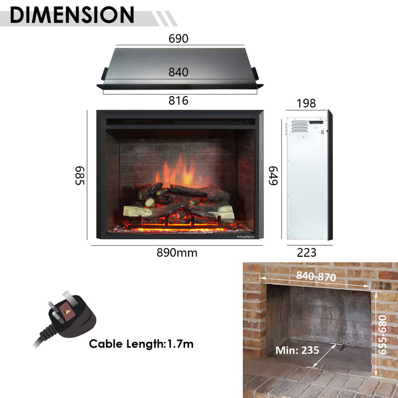 WEMBURY FLAMME Black Electric Fireplace Insert, 63cm H x 89cm W x 22cm D