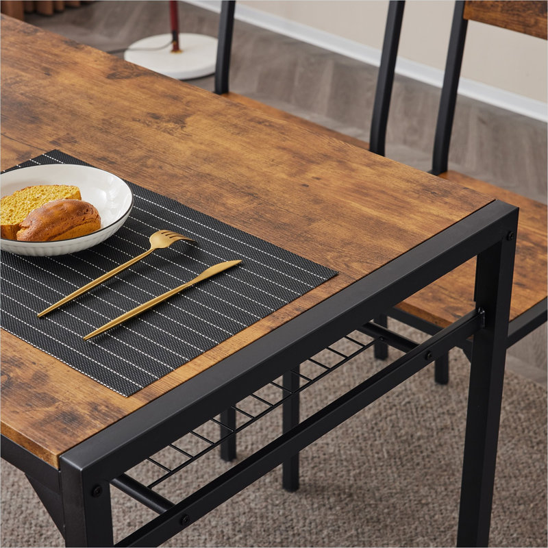 Ensemble de table de salle à manger en MDF et métal avec rangement, étagères et détails en bois massif, 4 pièces