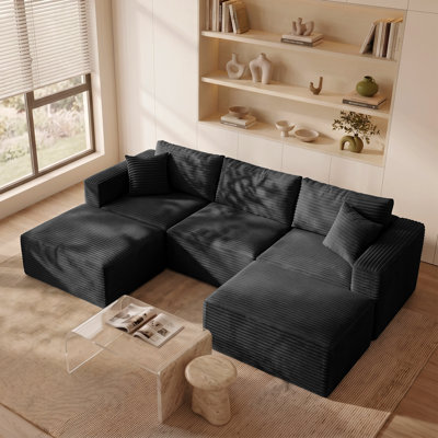 108'' Corduroy Black Sofas Cloud Modular Sectional , Deep Seat, L and U Shape Soft Frame Design Couch with 2 Ottomans for Living Room