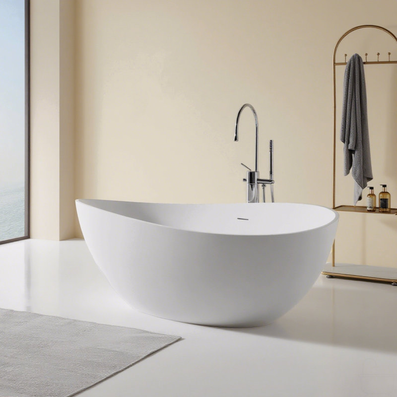 Baignoire autoportante de 63 po à surface solide, baignoire de trempage autoportante en résine d'ingénierie de luxe avec trop-plein et bonde escamotable