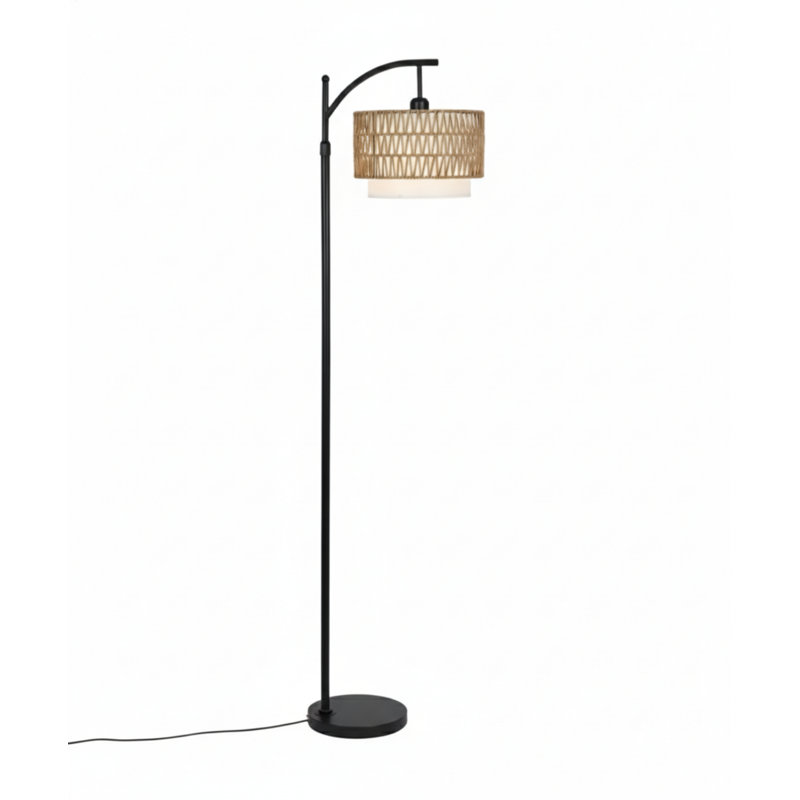 Arc Floor Lamp For Living Room With 3 Color Temperatures, Farmhouse Floor Lamps With Remote & Dimmable Bulb, Boho Standing Lamp With Rattan & Fabric Shades, Adjustable Tall Lamp For Bedroom, Office