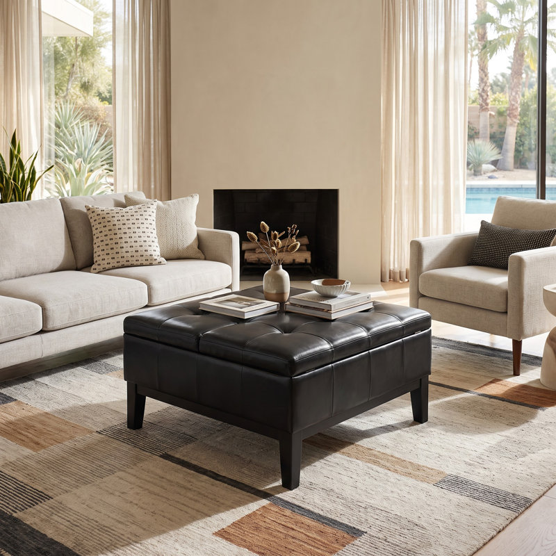 Dover 36"W Upholstered Vegan Leather Contemporary Square Coffee Table Storage Ottoman with Split Lift-Top, Midnight Black