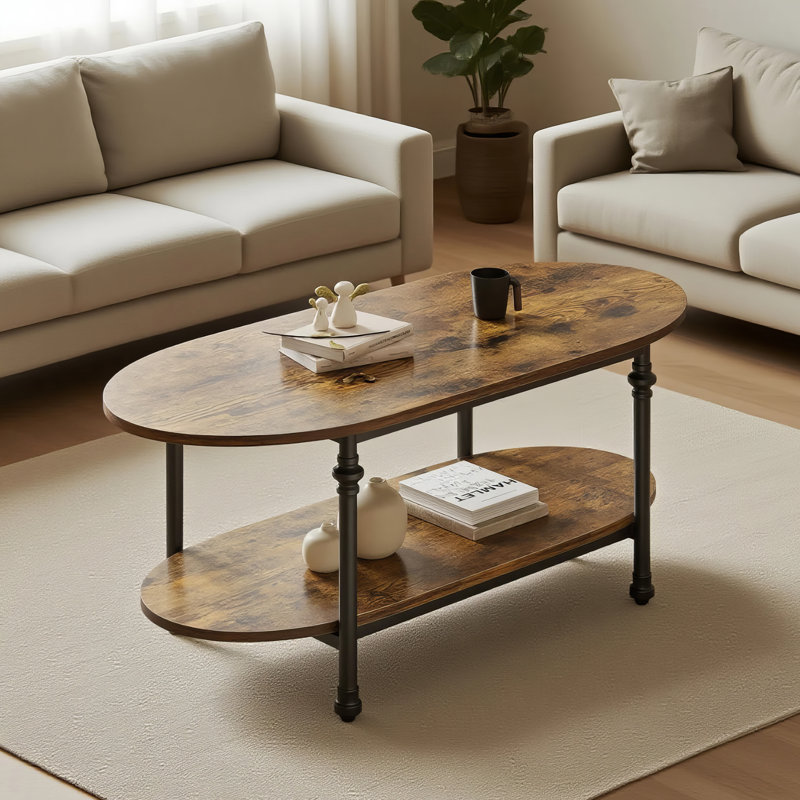 Oval Coffee Table Unique Tea Table 47.2" Cocktail Table Low Storage Coffee Table 2 Tier Vintage Center Table for Living Room Office