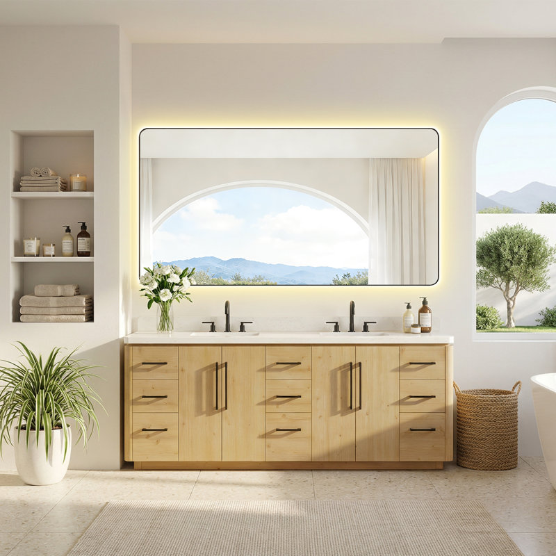 Linneus 84" Double Bathroom Vanity in Nature Brown with Grain White Engineered Stone Countertop without Mirror