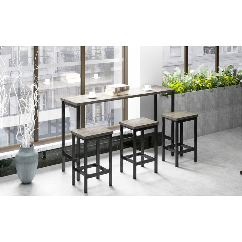 Ensemble de salle à manger très long à hauteur de comptoir avec 3 tabourets, panneau de fibres à densité moyenne gris classique et métal, table de pub rectangulaire pour 4 petits espaces