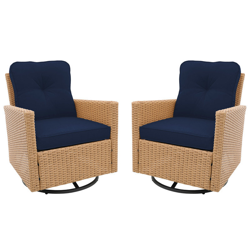 Chaise berçante d'extérieur en osier avec coussins Numenius, Beige, Navy Blue