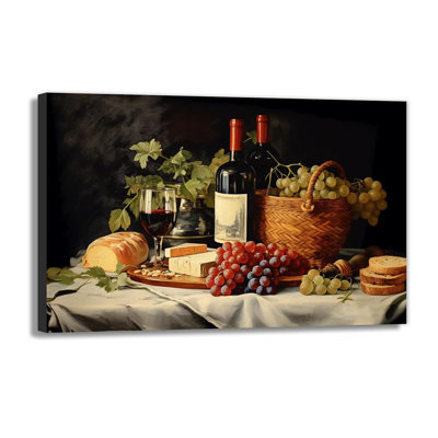 Kitchen Pictures Wall Decor Watercolor Wine Grape Bread Canvas Print Abstract Fruit Food Paintings for Dining Room Farmhouse Retro Home Decorations(Artwork-1,24"x36")