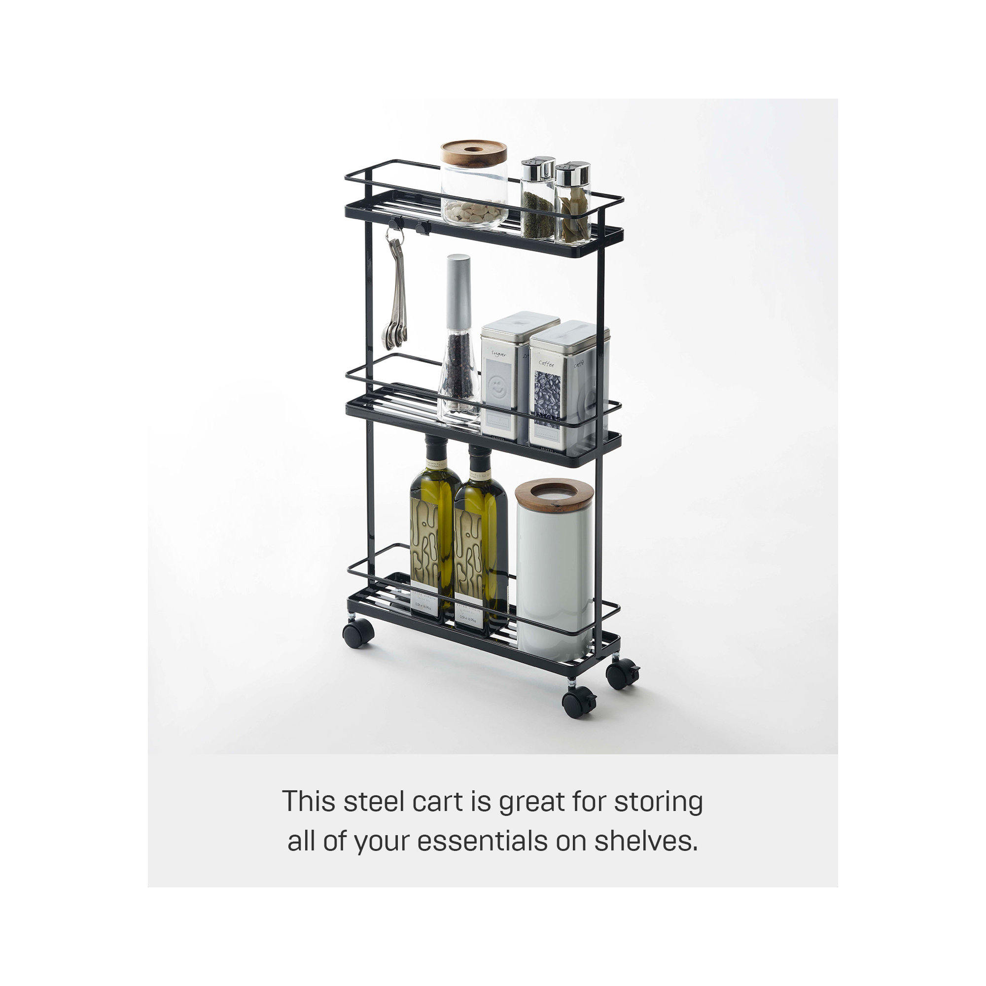 Tower Yamazaki Home Rolling Kitchen Island Metal Storage Cart, Portable Organizer Shelves, Black