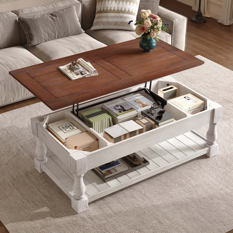 Table basse à plateau relevable rétro avec compartiment inférieur caché pour le rangement dans le salon