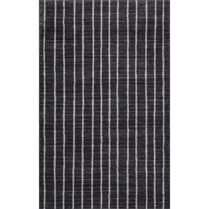 Tapis antidérapant à rayures délavé Orton, Gris anthracite / Crème, Rectangle 9' x 12'