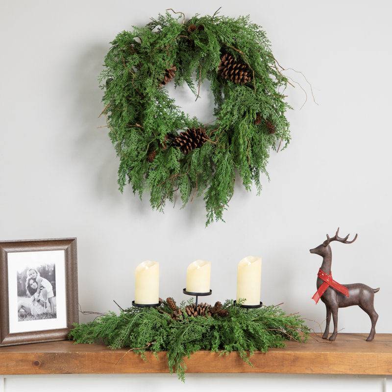 Porte-bougie de Noël en forme de pomme de pin et de feuillage mixte - 30 po