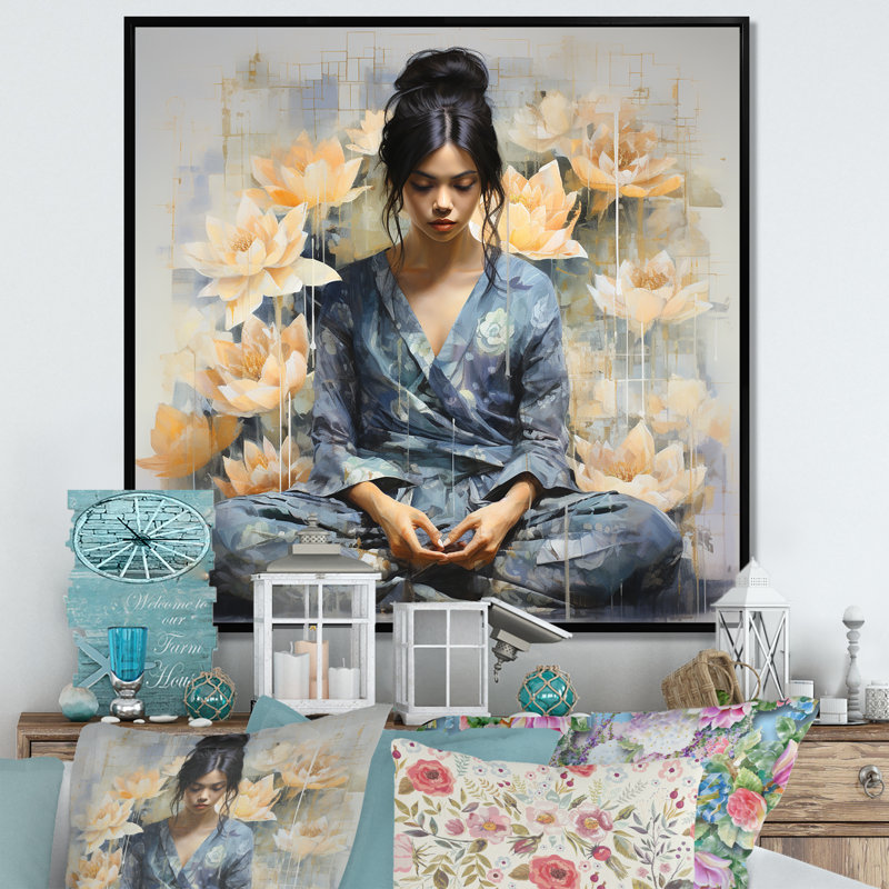 Lotus Calm Reflections Woman In Lotus Pose III - Art mural méditation, 30" H x 30" W, Silver Picture Framed