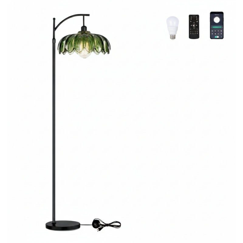 Gold Floor Lamp For Living Room,Bedroom,Standing Lamp With Remote Dimmable Brass Tall Lamp Vintage Retro Mid Century Modern Floor Lamps Arc Green Glass Flower Lamp Floor Light Boho Bohemian