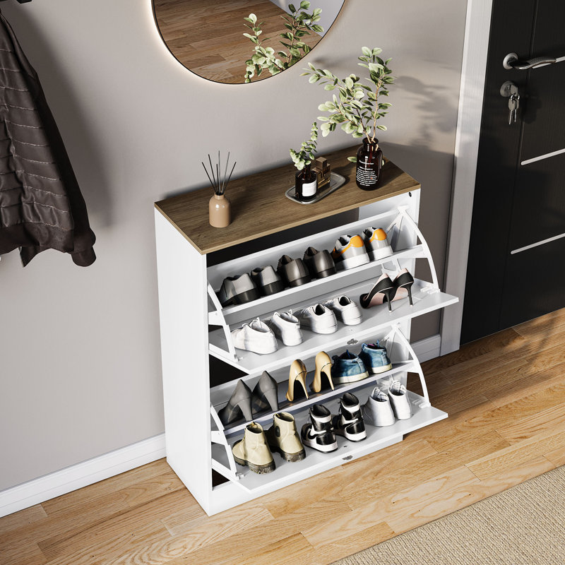 2 Drawer Shoe Cabinet with Top Modern Shoe Storage For Hallway Living Room & Bedroom, White/Oak