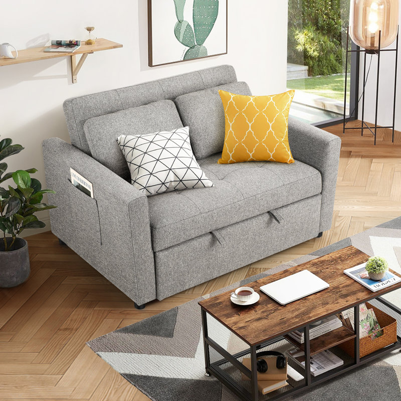 Vadims Upholstered 48.5'' Reclining Sleeper Sofa, Gray Linen