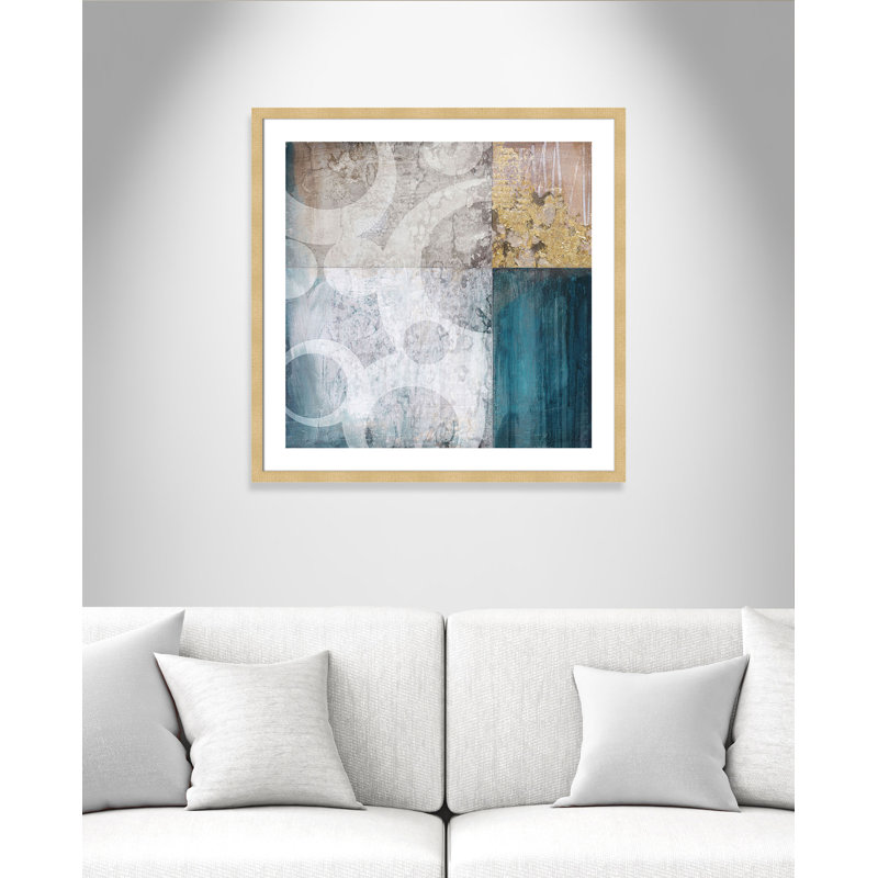 Deymus 'Teal Quadrant' Framed Acrylic Painting Print, 32.5" H x 32.5" W x 2" D, Champagne