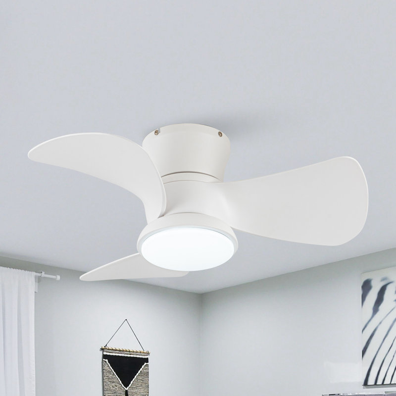 Ventilateur de plafond encastré moderne à 3 pales avec lumière et télécommande, Blanc, H 11 po x L 31 po