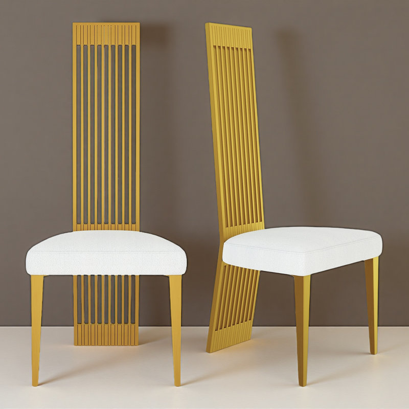 Boucle Upholstered Chairs With Glam High Stainless Steel Back And Legs, Brushed Barss