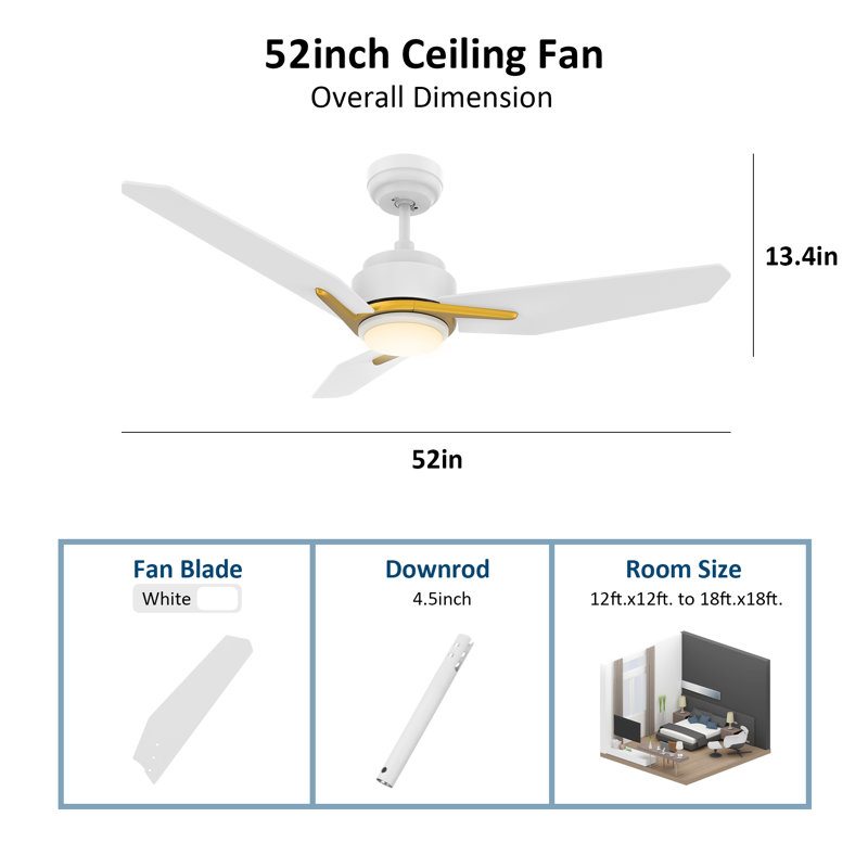 3 - Blade LED Smart Ceiling Fan with Light, White/Gold, 52" H x 5.8" W x 24.8" L