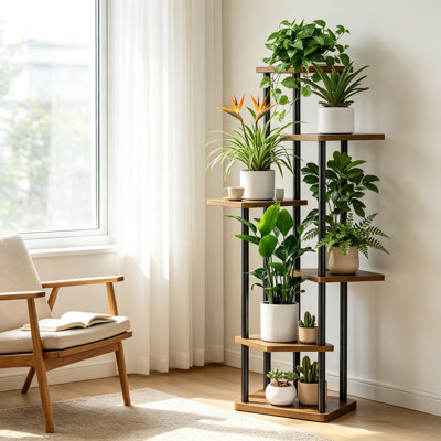 Support à plante d'intérieur avec structure en métal et tablettes en bois, grande tablette de coin pour plusieurs plantes, support à fleurs à niveaux pour le salon, le patio, le balcon et le jardin