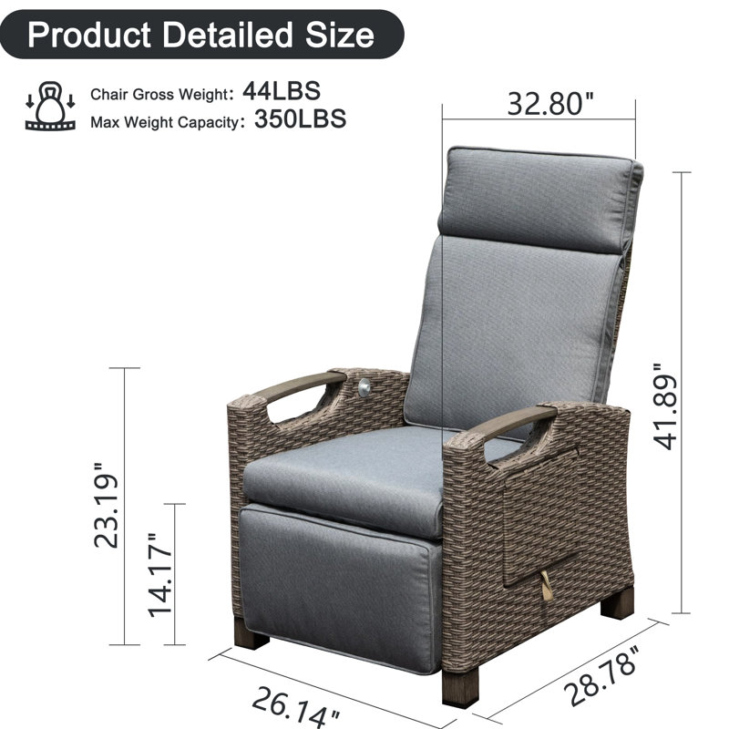 Outdoor Recliner Chair, Woven , Adjustable Recline, 6.8'' Thick Gray Cushions For Indoor And Comfortable Seating Reclining Patio Hand-Woven Flip Table, Cushions, Angle, Relaxation
