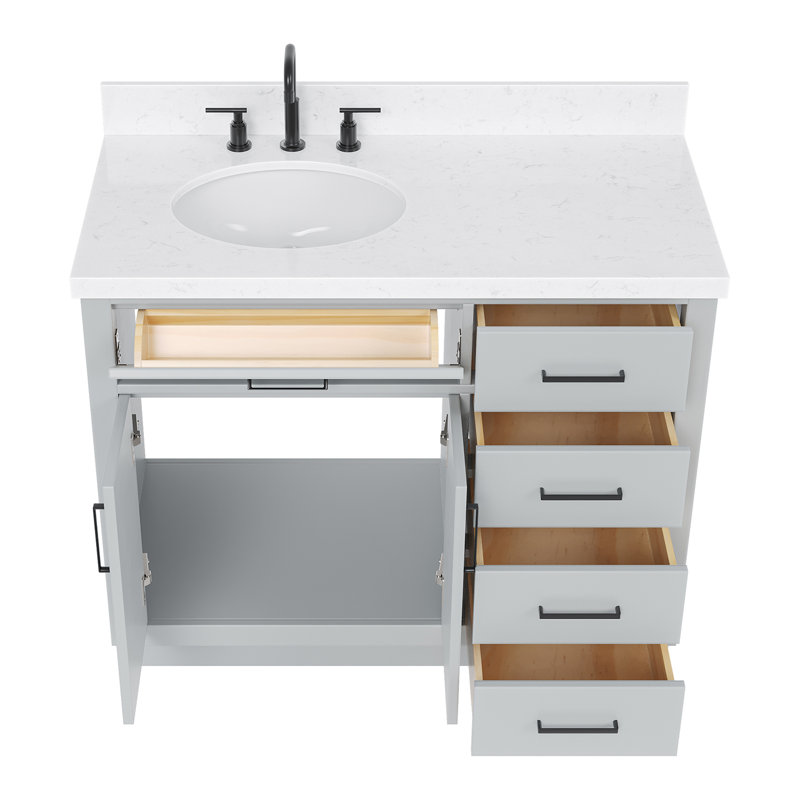 Meuble-lavabo simple en bois massif 42 po Tidworth avec plateau en quartz Carrara de 1,5 po, Gauche, Ovale, Gris