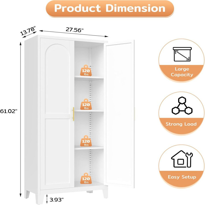 Armoire de rangement en métal blanche de 61 po avec portes galbées et tablettes réglables - solution de rangement compacte pour la chambre à coucher ou le salon