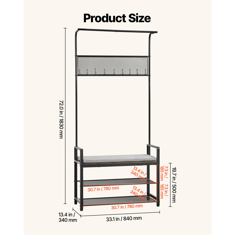Hall Tree with Shoe Bench, Hooks, Hanging Rod and Wire Shelf