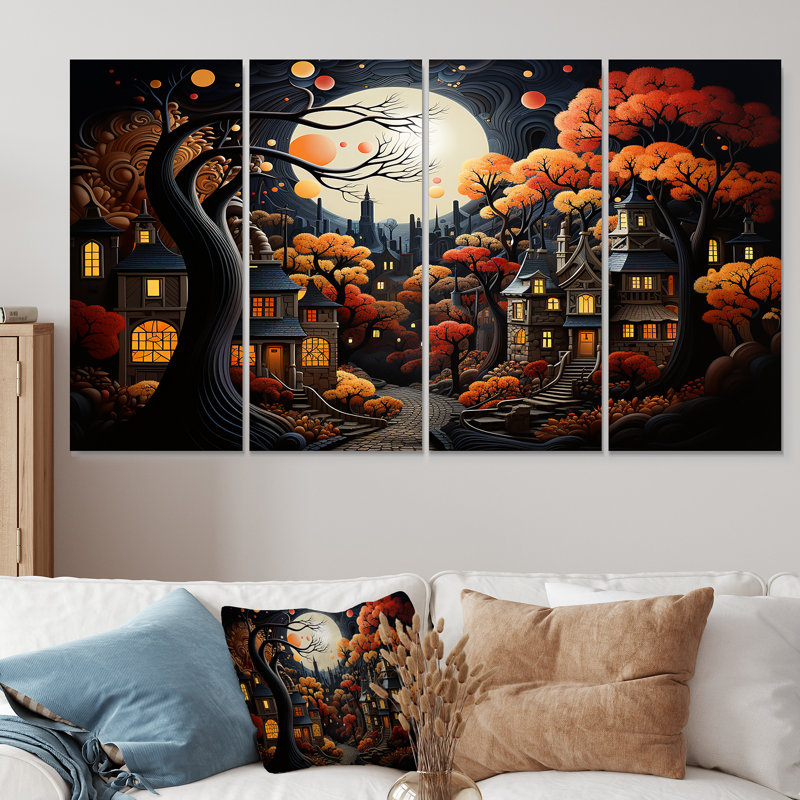 Cozy village in Autumn Moonlit IV - City Art Deco, ensemble de 4 décorations murales, H 32 po x l 64 po